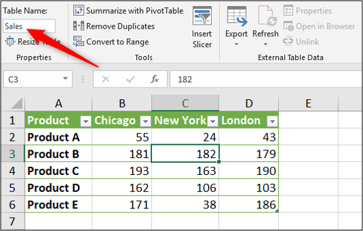 Asignar un nombre a su tabla de Excel