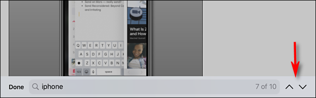 Toque las flechas para moverse entre los resultados de búsqueda en Safari en iPhone o iPad