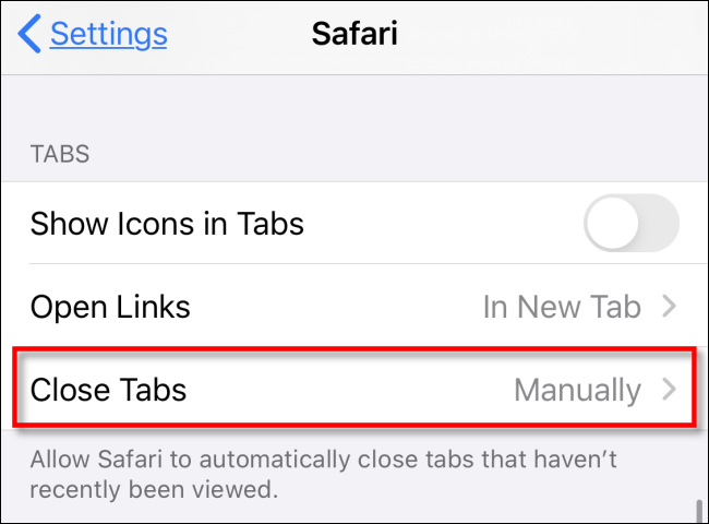 Toque Cerrar pestañas en la configuración de Safari en iPhone