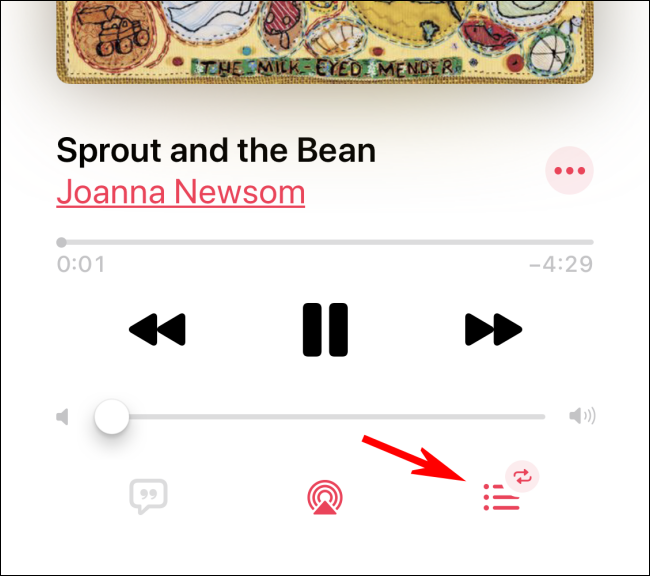 Tocando el ícono Up Next para desactivar la repetición en la aplicación Apple Music