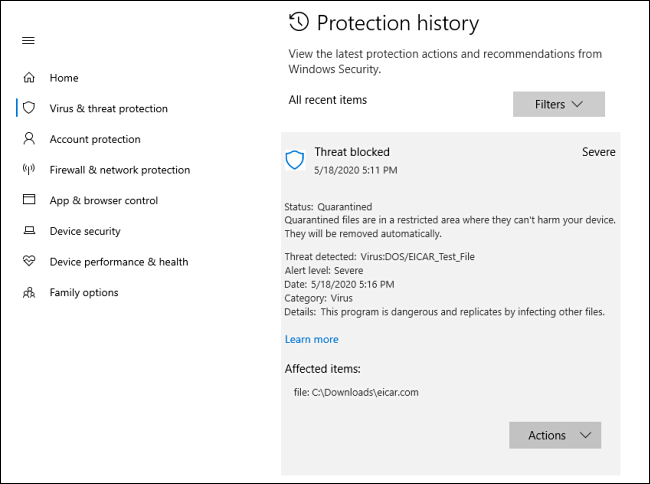 Una vista detallada de una amenaza en el historial de protección en Windows 10