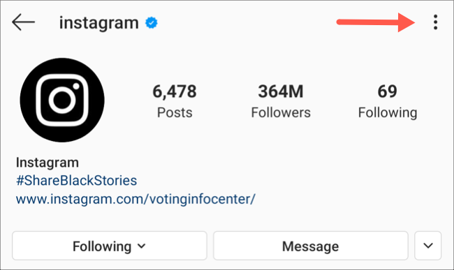 Abra el menú de perfil de tres puntos en la aplicación Instagram