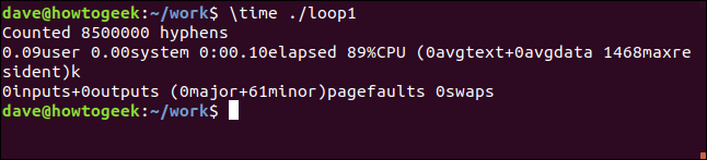 resultados de tiempo para loop1 en una ventana de terminal