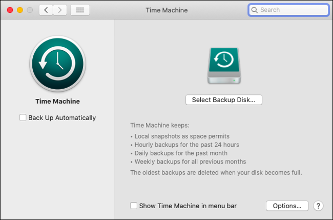 El menú "Time Machine" en macOS.