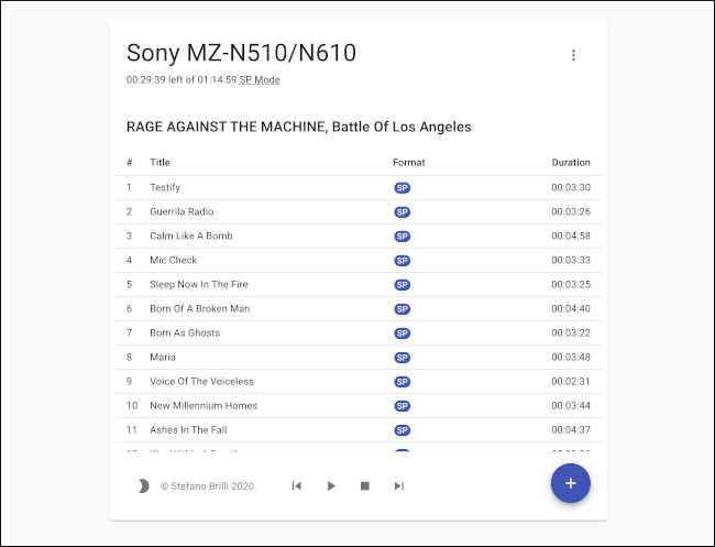 Una lista de canciones en la interfaz "Web MiniDisc".