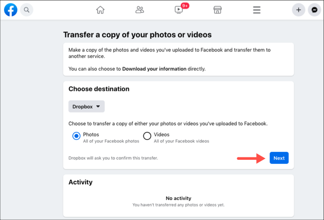 Transferir fotos o videos de Facebook