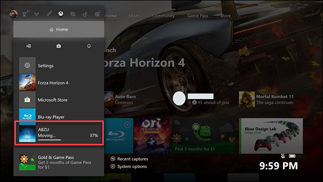 Submenú de inicio de Xbox One con rótulos relacionados con el juego Abzu en transferencia.