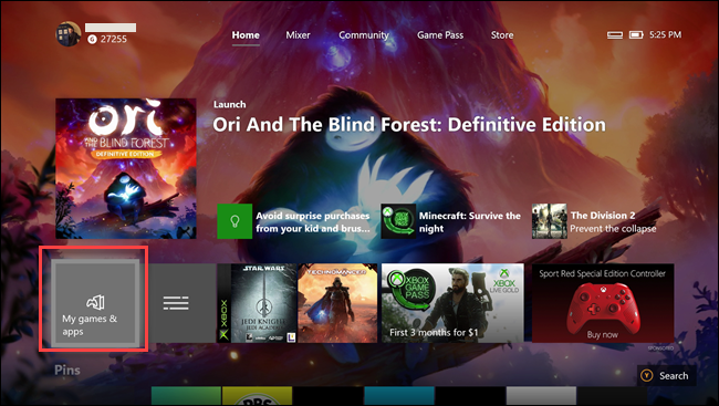 Aplicación Xbox One con recuadro alrededor de la opción Mis juegos y aplicaciones.