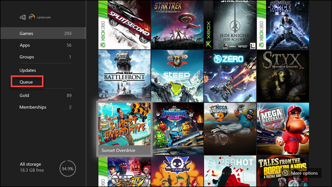 Xbox mis juegos y menú de aplicaciones con un cuadro alrededor de la opción de cola.