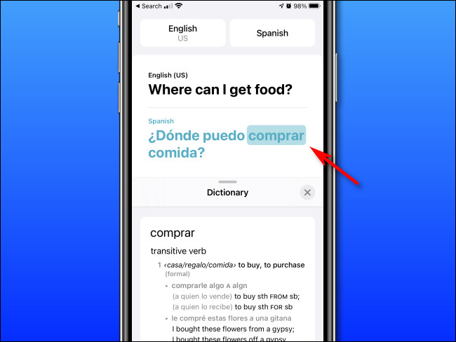 En el modo Diccionario de Apple Translate en iPhone, puede tocar las palabras para ver sus definiciones.