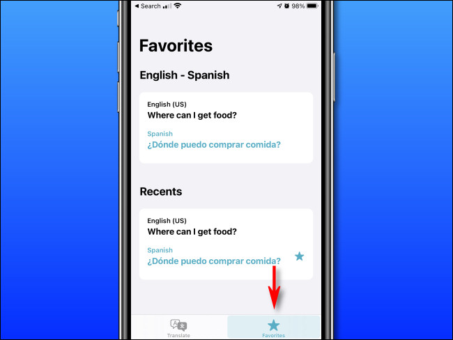 En Apple Translate en iPhone, toque el botón "Favoritos".