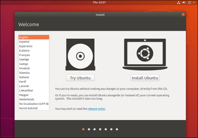 La pantalla "Pruebe Ubuntu o Instale Ubuntu" que aparece cuando inicia el entorno en vivo.