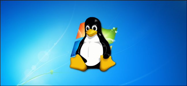 La mascota del pingüino Tux de Linux sobre un fondo de escritorio de Windows 7.