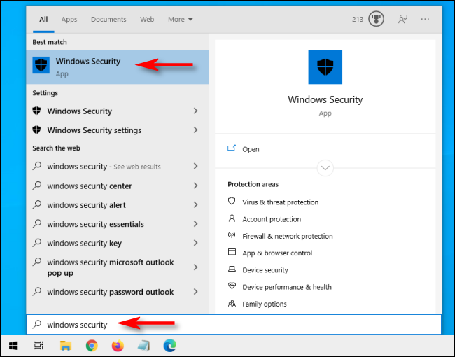 Abra Inicio y escriba Seguridad de Windows en Windows 10