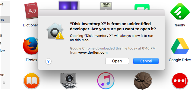 La advertencia de "desarrollador no identificado" de Gatekeeper en una Mac.