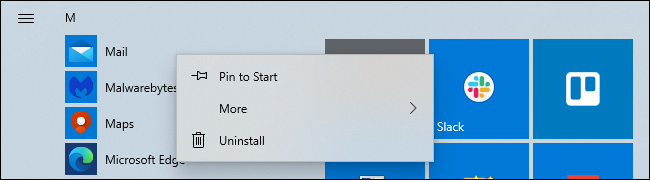 Desinstalar la aplicación Mail de Windows 10 desde el menú Inicio.