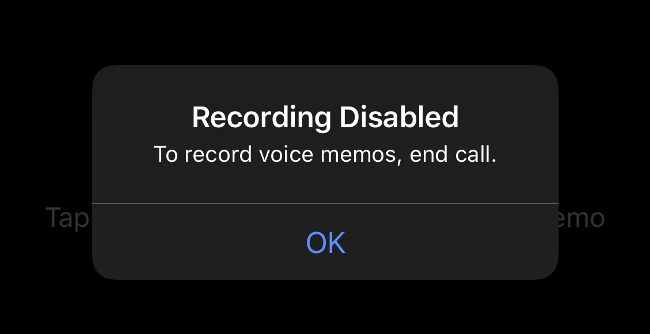 El mensaje "Grabación inhabilitada" que aparece en las notas de voz cuando estás en una llamada.