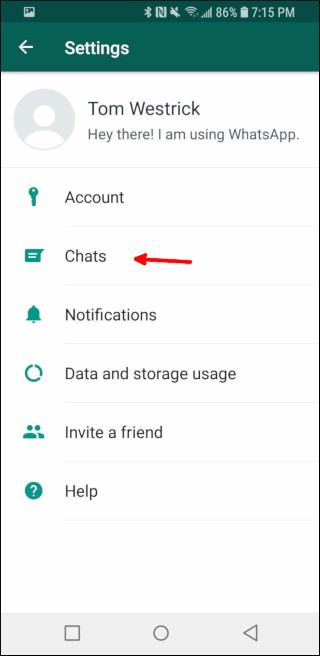 Pantalla de configuración de WhatsApp