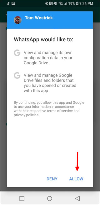 Permitir que WhatsApp acceda a su Google Drive