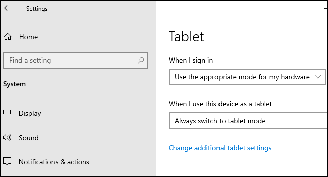 Opciones de tableta en Configuración> Sistema> Tableta en Windows 10.
