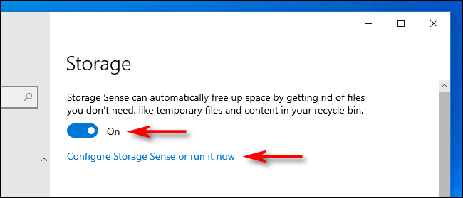 Haga clic en el interruptor para activar Storage Sense en la configuración de Windows 10