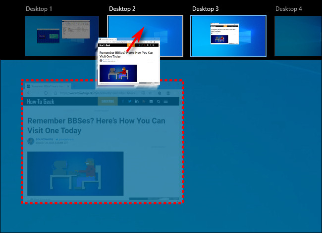 Arrastrar y soltar una ventana de un escritorio virtual a otro en Windows 10.