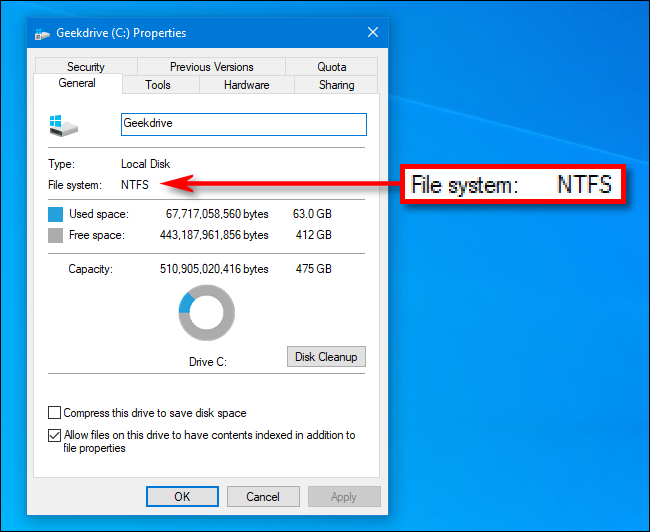 Ver el sistema de archivos de una unidad en la ventana Propiedades en Windows 10