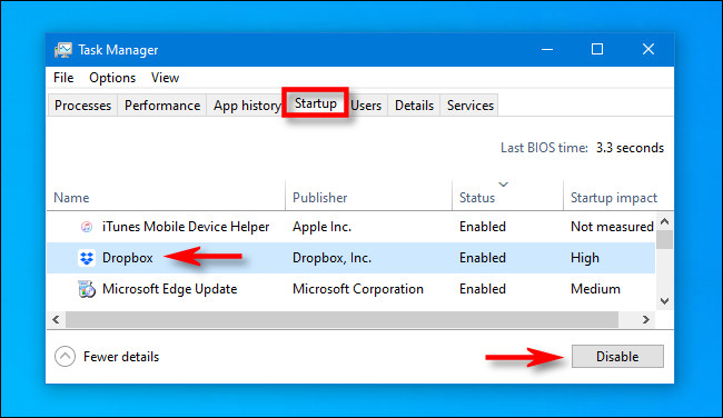 En el Administrador de tareas, haga clic en la pestaña "Inicio", luego seleccione "Dropbox" y haga clic en "Desactivar".