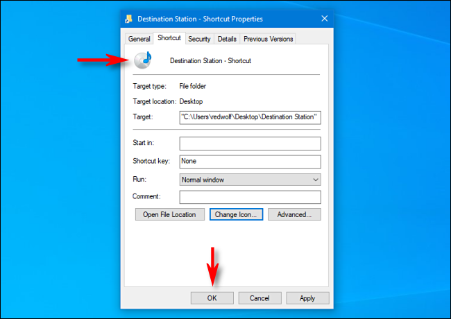 En Windows 10, observe que el icono de acceso directo ha cambiado.  Luego haga clic en "Aceptar".