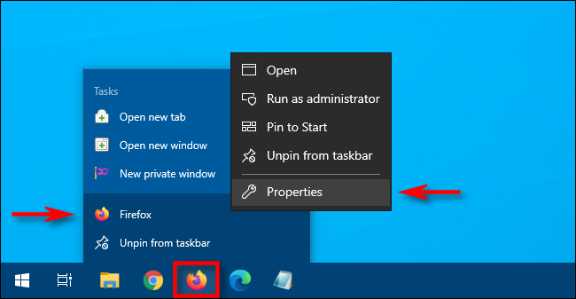 En Windows 10, haga clic con el botón derecho en el icono de la barra de tareas, luego haga clic con el botón derecho en el acceso directo y seleccione "Propiedades".