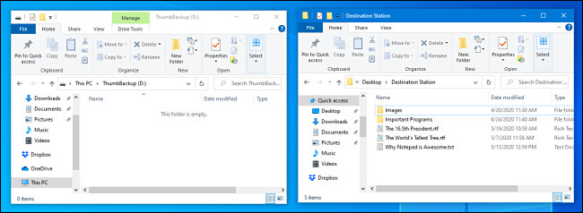 Dos ventanas del Explorador de archivos se abren una al lado de la otra en Windows 10.