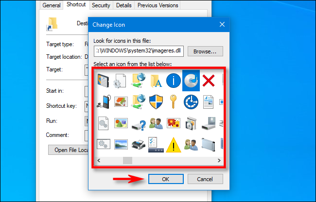 En Windows 10, seleccione el icono que le gustaría usar para el acceso directo y haga clic en "Aceptar".