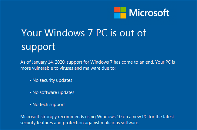 La advertencia "Su PC con Windows 7 no es compatible" en una PC con Windows 7.