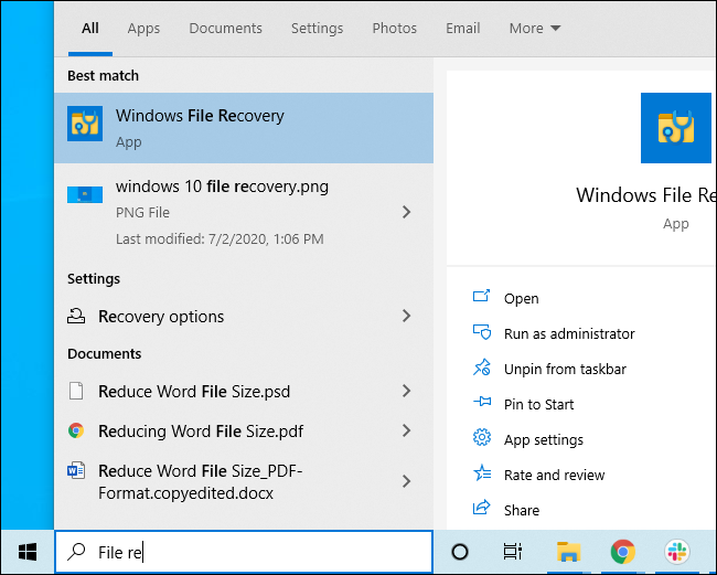 Inicio de recuperación de archivos de Windows desde el menú Inicio