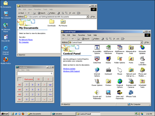 "Mis documentos", "Panel de control" y "Calculadora" se abrieron en un escritorio de Windows 2000.