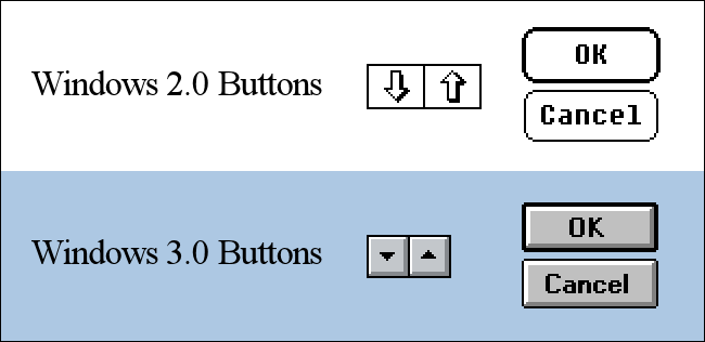 Comparación de botones de Windows 2.0 y Windows 3.0