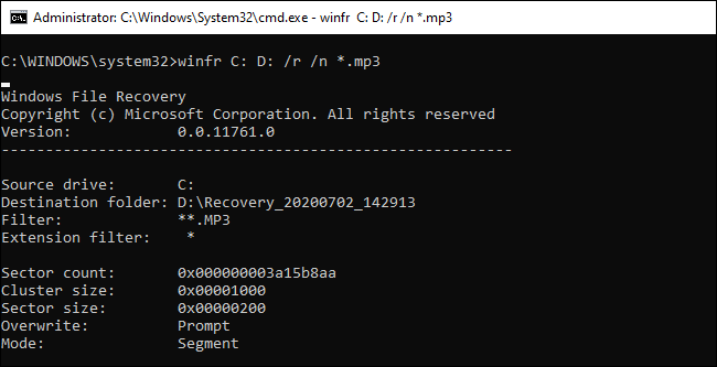 Ejecutando winfr en modo Segmento en el símbolo del sistema.