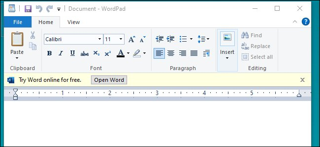 Un anuncio de Word Online en Microsoft WordPad