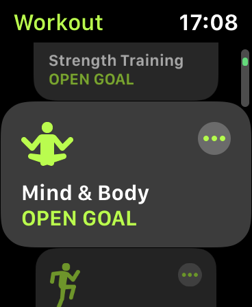 El tipo de entrenamiento "Mente y cuerpo" en la aplicación Workout del Apple Watch.