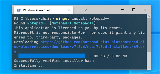 Instalación de Notepad ++ con winget en una ventana de Terminal de Windows.