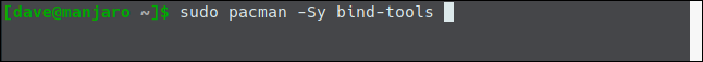 El comando "sudo pacman -Sy bind-tools" en una ventana de terminal.