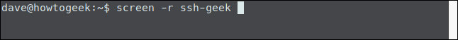 El comando "screen -r ssh-geek" en una ventana de terminal.