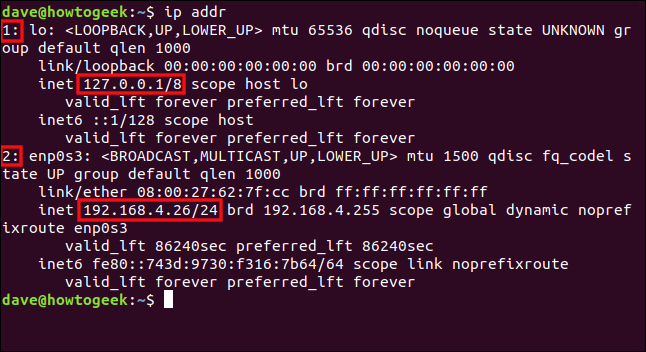 El comando "ip addr" en una ventana de terminal.