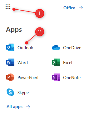 El lanzador de aplicaciones O365 con Outlook resaltado.