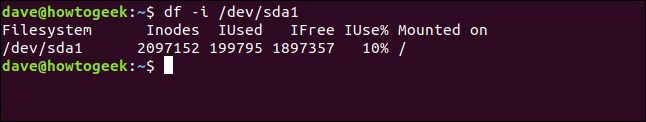 El comando "df -i / dev / sda1" en una ventana de terminal.