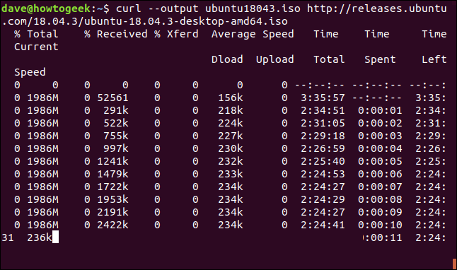 Progreso de una gran descarga en una terminal widnow