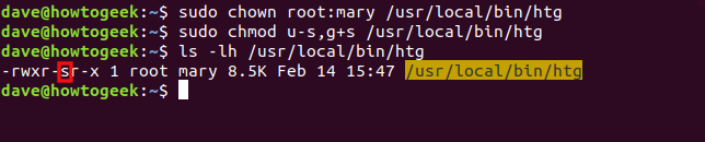 Los comandos "sudo chown root: mary / usr / local / bin / htg", "sudo chmod us, g + s / usr / local / bin / htg" y "ls -lh / usr / local / bin / htg" en una ventana de terminal.