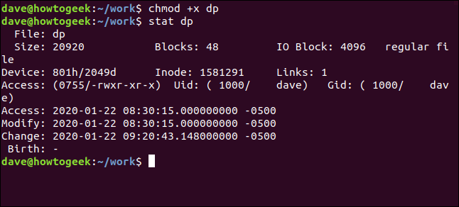 Los comandos "chmod + x dp" y "stat dp" en una ventana de terminal. 