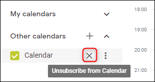 La opción "cancelar suscripción del calendario" de Google Calendar.