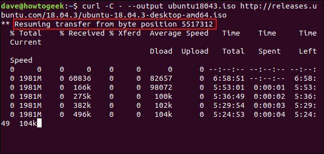 curl -C - --output ubuntu18043.iso http://releases.ubuntu.com/18.04.3/ubuntu-18.04.3-desktop-amd64.iso en una ventana de terminal